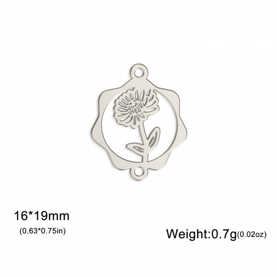 Picture of 1 Piece 304 Stainless Steel Birth Month Flower Connectors Charms Pendants Silver Tone November Chrysanthemum Flower Hollow 16mm x 19mm