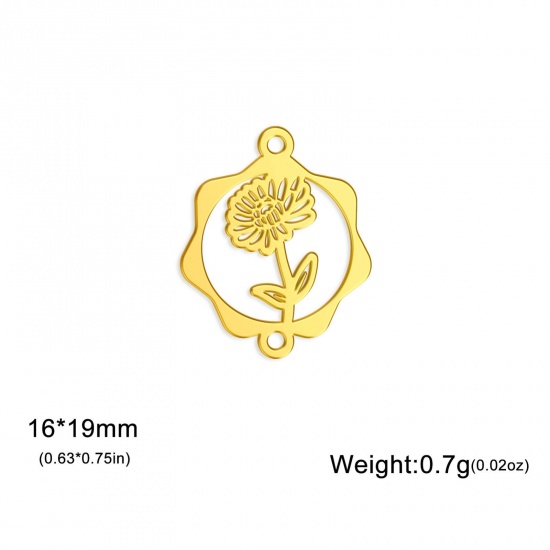 Picture of 1 Piece 304 Stainless Steel Birth Month Flower Connectors Charms Pendants Gold Plated November Chrysanthemum Flower Hollow 16mm x 19mm