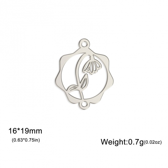 Picture of 1 Piece 304 Stainless Steel Birth Month Flower Connectors Charms Pendants Silver Tone January Snowdrop Flower Hollow 16mm x 19mm