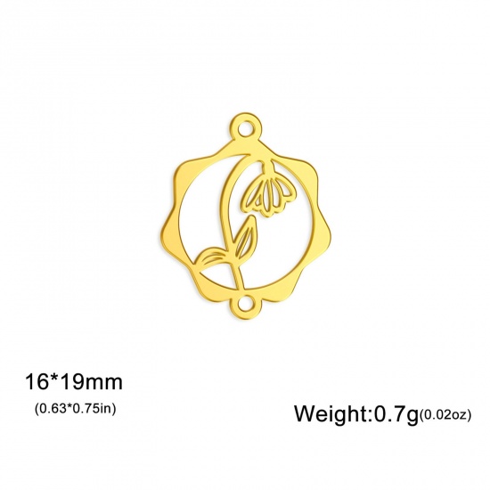 Picture of 1 Piece 304 Stainless Steel Birth Month Flower Connectors Charms Pendants Gold Plated January Snowdrop Flower Hollow 16mm x 19mm