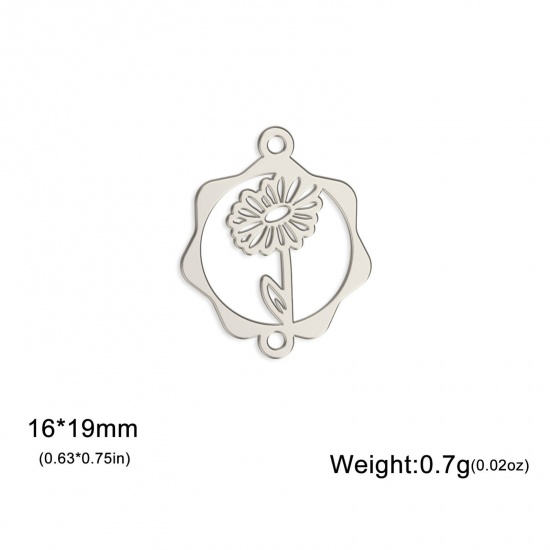 Picture of 1 Piece 304 Stainless Steel Birth Month Flower Connectors Charms Pendants Silver Tone April Daisy Flower Hollow 16mm x 19mm