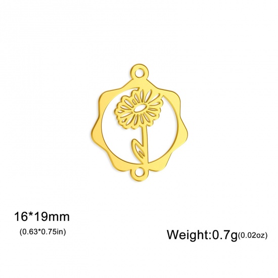 Picture of 1 Piece 304 Stainless Steel Birth Month Flower Connectors Charms Pendants Gold Plated April Daisy Flower Hollow 16mm x 19mm