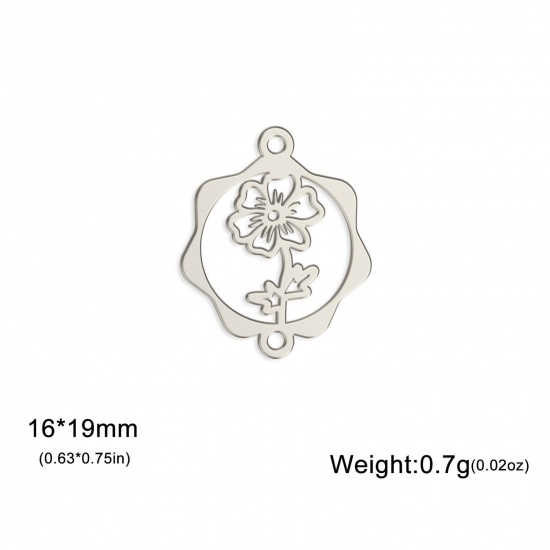 Picture of 1 Piece 304 Stainless Steel Birth Month Flower Connectors Charms Pendants Silver Tone October Cosmos Flower Hollow 16mm x 19mm