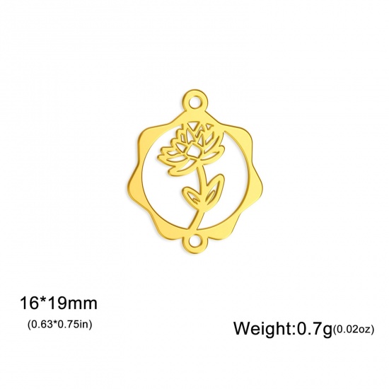 Picture of 1 Piece 304 Stainless Steel Birth Month Flower Connectors Charms Pendants Gold Plated July Lotus Flower Hollow 16mm x 19mm