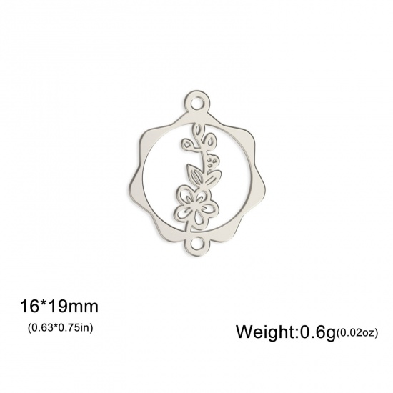 Picture of 1 Piece 304 Stainless Steel Birth Month Flower Connectors Charms Pendants Silver Tone May Hawthorn Flower Hollow 16mm x 19mm