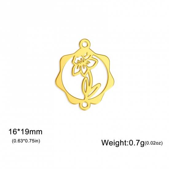 Picture of 1 Piece 304 Stainless Steel Birth Month Flower Connectors Charms Pendants Gold Plated March Daffodil Flower Hollow 16mm x 19mm