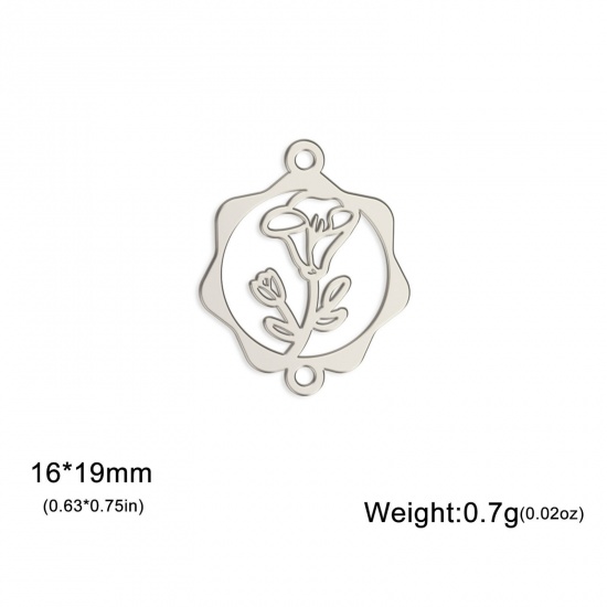 Picture of 1 Piece 304 Stainless Steel Birth Month Flower Connectors Charms Pendants Silver Tone September Morning Glory Flower Hollow 16mm x 19mm