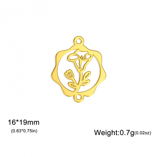 Picture of 1 Piece 304 Stainless Steel Birth Month Flower Connectors Charms Pendants Gold Plated September Morning Glory Flower Hollow 16mm x 19mm