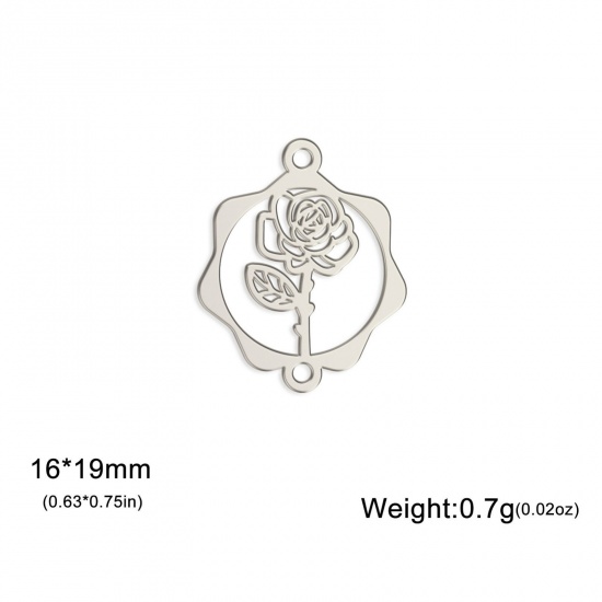 Picture of 1 Piece 304 Stainless Steel Birth Month Flower Connectors Charms Pendants Silver Tone June Rose Flower Hollow 16mm x 19mm