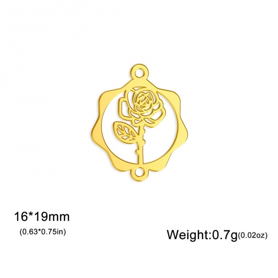 Picture of 1 Piece 304 Stainless Steel Birth Month Flower Connectors Charms Pendants Gold Plated June Rose Flower Hollow 16mm x 19mm