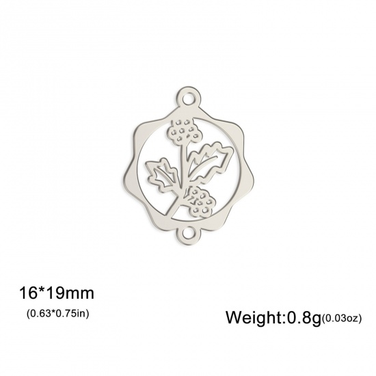 Picture of 1 Piece 304 Stainless Steel Birth Month Flower Connectors Charms Pendants Silver Tone December Christmas Holly Leaf Hollow 16mm x 19mm