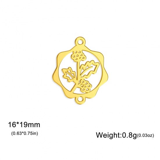 Picture of 1 Piece 304 Stainless Steel Birth Month Flower Connectors Charms Pendants Gold Plated December Christmas Holly Leaf Hollow 16mm x 19mm