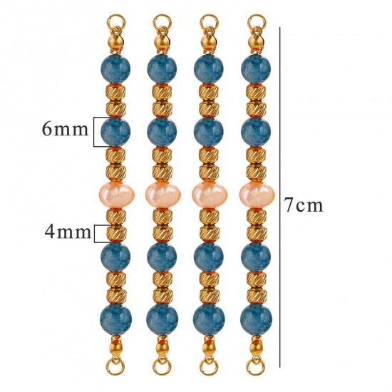 Bild von 1 Stück Vakuumbeschichtung 304 Edelstahl & Halbedelstein Steckverbinder Charmes Anhänger Rund 18K Vergoldet Blau Perlen 7.5cm