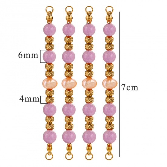 Bild von 1 Stück Vakuumbeschichtung 304 Edelstahl & Halbedelstein Steckverbinder Charmes Anhänger Rund 18K Vergoldet Helllila Perlen 7.5cm