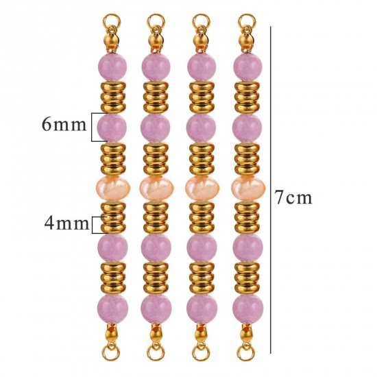 Bild von 1 Stück Vakuumbeschichtung 304 Edelstahl & Halbedelstein Steckverbinder Charmes Anhänger Rund 18K Vergoldet Helllila Perlen 7cm