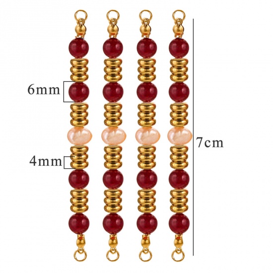 Bild von 1 Stück Vakuumbeschichtung 304 Edelstahl & Halbedelstein Steckverbinder Charmes Anhänger Rund 18K Vergoldet Rotweinfarben Perlen 7cm