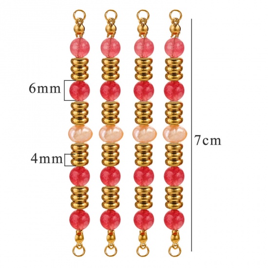 Bild von 1 Stück Vakuumbeschichtung 304 Edelstahl & Halbedelstein Steckverbinder Charmes Anhänger Rund 18K Vergoldet Fuchsie Perlen 7cm