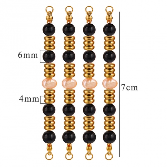 Bild von 1 Stück Vakuumbeschichtung 304 Edelstahl & Halbedelstein Steckverbinder Charmes Anhänger Rund 18K Vergoldet Schwarz Perlen 7cm