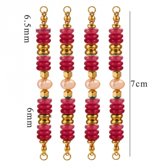 Bild von 1 Stück Vakuumbeschichtung 304 Edelstahl & Halbedelstein Steckverbinder Charmes Anhänger Wagenrad 18K Vergoldet Fuchsie Perlen 7.2cm