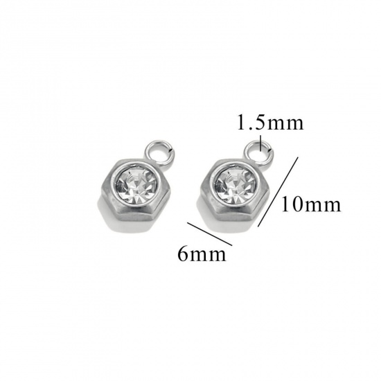 Picture of 10 PCs 304 Stainless Steel Mini Charms Silver Tone Hexagon Clear Rhinestone 9.5mm x 6mm