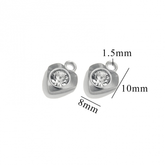 Picture of 10 PCs 304 Stainless Steel Mini Charms Silver Tone Heart Clear Rhinestone 9.5mm x 8mm