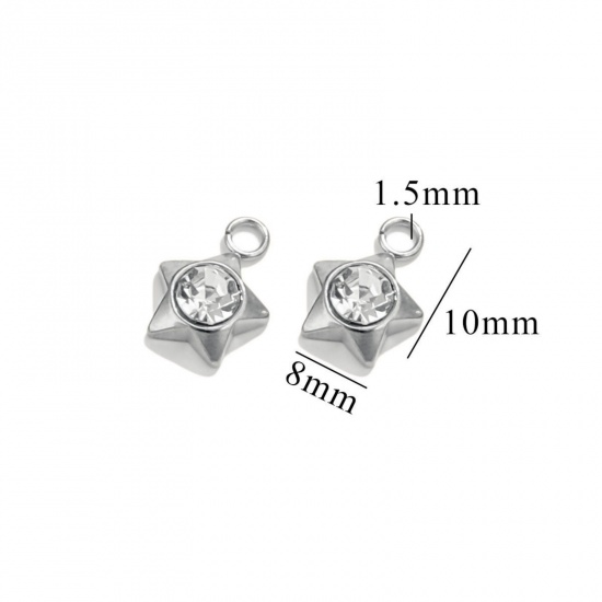 Picture of 10 PCs 304 Stainless Steel Mini Charms Silver Tone Pentagram Star Clear Rhinestone 10mm x 8mm