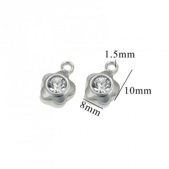 Picture of 10 PCs 304 Stainless Steel Mini Charms Silver Tone Flower Clear Rhinestone 10mm x 8mm