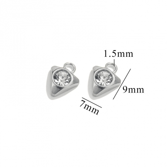 Picture of 10 PCs 304 Stainless Steel Mini Charms Silver Tone Triangle Clear Rhinestone 9mm x 7mm