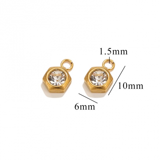 Picture of 10 PCs Vacuum Plating 304 Stainless Steel Mini Charms 18K Gold Plated Hexagon Clear Rhinestone 9.5mm x 6mm