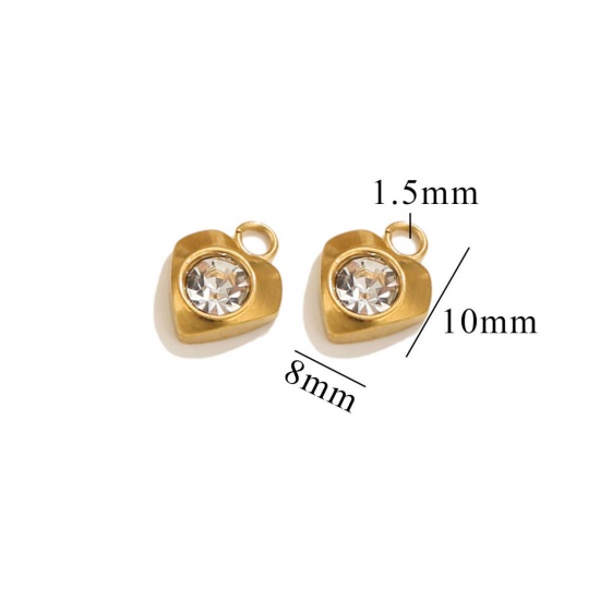 Picture of 10 PCs Vacuum Plating 304 Stainless Steel Mini Charms 18K Gold Plated Heart Clear Rhinestone 9.5mm x 8mm