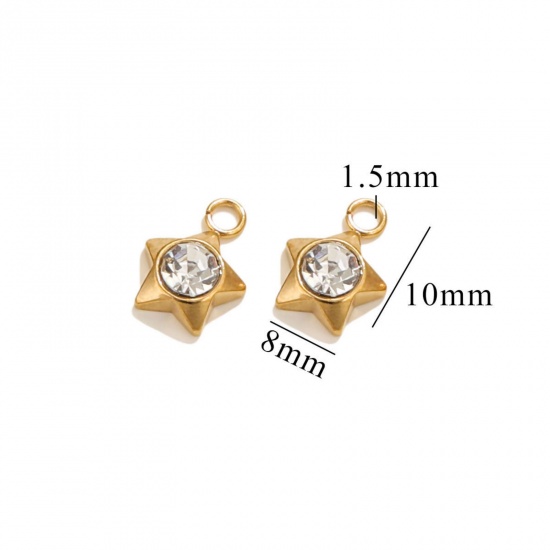 Picture of 10 PCs Vacuum Plating 304 Stainless Steel Mini Charms 18K Gold Plated Pentagram Star Clear Rhinestone 10mm x 8mm