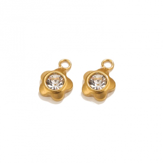 Picture of 10 PCs Vacuum Plating 304 Stainless Steel Mini Charms 18K Gold Plated Flower Clear Rhinestone 10mm x 8mm