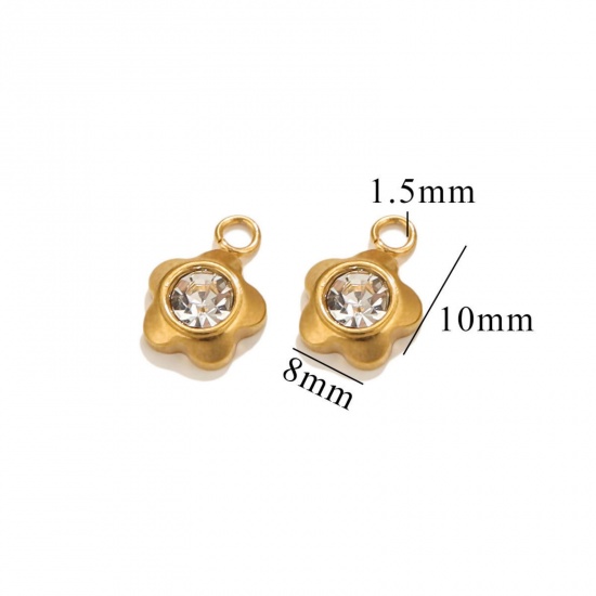 Picture of 10 PCs Vacuum Plating 304 Stainless Steel Mini Charms 18K Gold Plated Flower Clear Rhinestone 10mm x 8mm