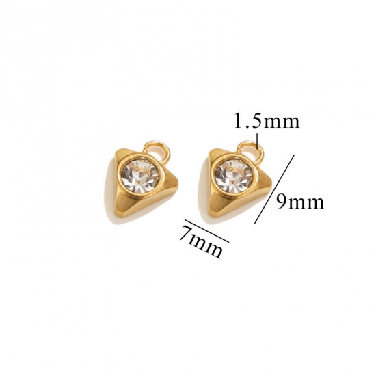 Picture of 10 PCs Vacuum Plating 304 Stainless Steel Mini Charms 18K Gold Plated Triangle Clear Rhinestone 9mm x 7mm