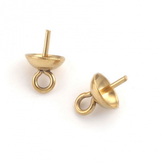 Immagine di 10 PCs Vacuum Plating 304 Stainless Steel Pearl Pendant Connector Bail Pin Cap 18K Gold Plated 8mm x 4mm