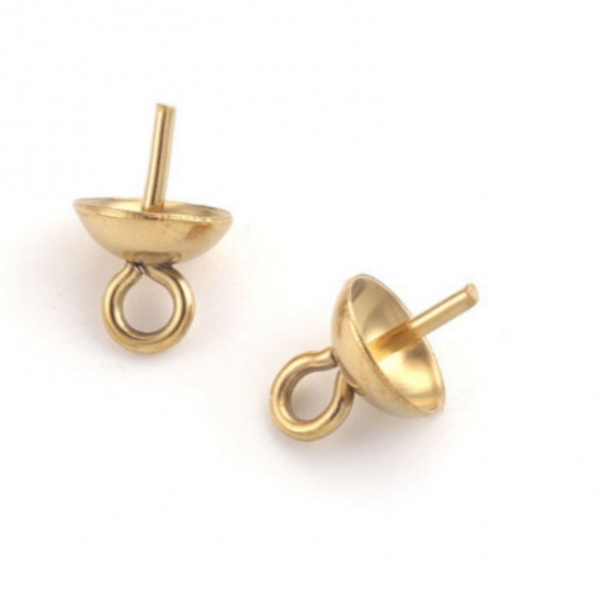 Immagine di 10 PCs Vacuum Plating 304 Stainless Steel Pearl Pendant Connector Bail Pin Cap 18K Gold Plated 7mm x 5mm