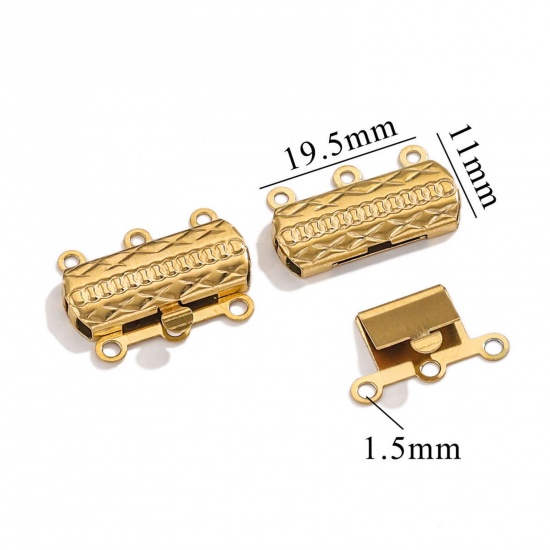 10 個 真空メッキ 304ステンレス鋼 レイヤーバックルクリップ スタッキング可能なマルチネックレスブレスレット 長方形 格子柄 18Kゴールドメッキ 19.5mm x 15mm、 の画像