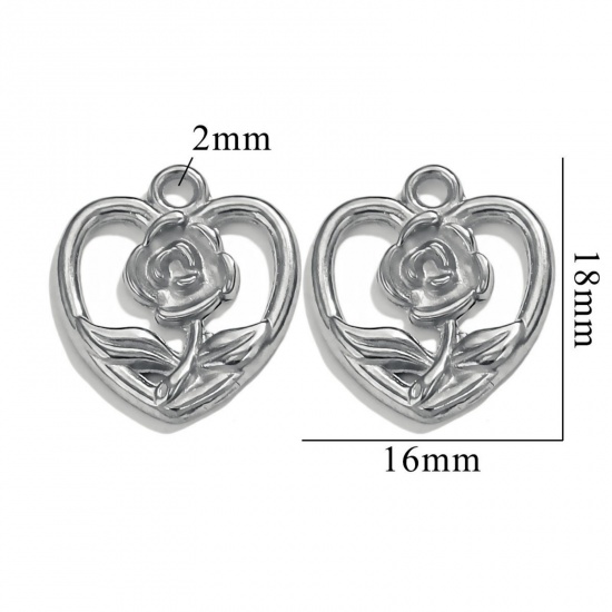 Picture of 2 PCs 304 Stainless Steel Valentine's Day Charms Silver Tone Heart Rose Flower 18.5mm x 16mm