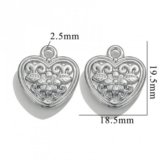 Picture of 2 PCs 304 Stainless Steel Valentine's Day Charms Silver Tone Heart Flower 20mm x 19mm