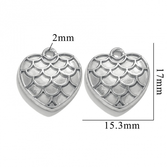 Picture of 2 PCs 304 Stainless Steel Valentine's Day Charms Silver Tone Heart Fish Scale 17mm x 16mm