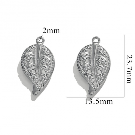 Picture of 2 PCs 304 Stainless Steel 3D Charms Silver Tone Leaf 24mm x 13mm