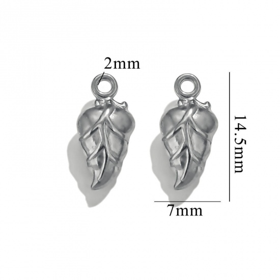 Picture of 2 PCs 304 Stainless Steel 3D Charms Silver Tone Leaf 15mm x 7mm