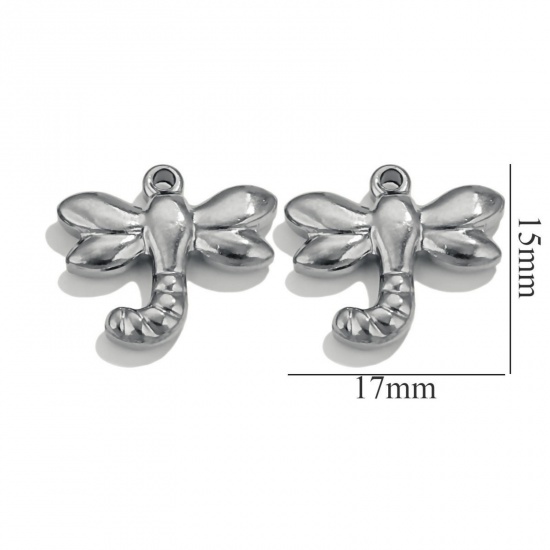 Picture of 2 PCs 304 Stainless Steel Insect Charms Silver Tone Dragonfly Animal 17mm x 15mm