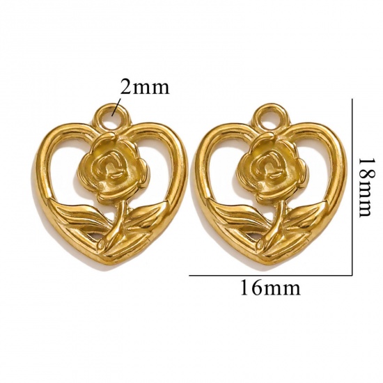 Picture of 2 PCs Vacuum Plating 304 Stainless Steel Valentine's Day Charms 18K Gold Plated Heart Rose Flower 18.5mm x 16mm