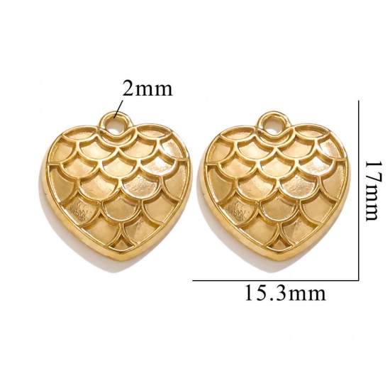 Picture of 2 PCs Vacuum Plating 304 Stainless Steel Valentine's Day Charms 18K Gold Plated Heart Fish Scale 17mm x 16mm