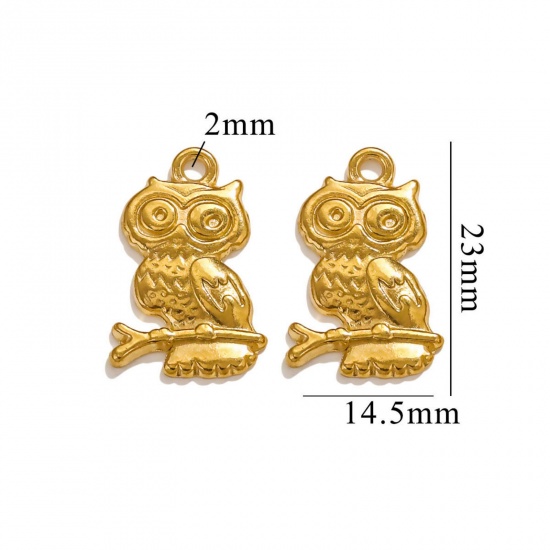 Picture of 2 PCs Vacuum Plating 304 Stainless Steel Halloween Charms 18K Gold Plated Owl Animal 23mm x 15mm