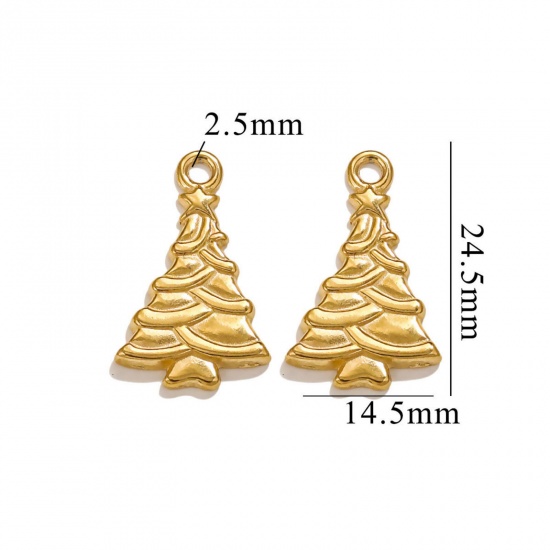 Picture of 2 PCs Vacuum Plating 304 Stainless Steel Charms 18K Gold Plated Christmas Tree 25mm x 15mm