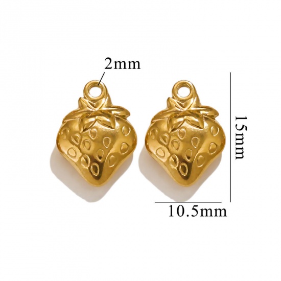 Picture of 2 PCs Vacuum Plating 304 Stainless Steel 3D Charms 18K Gold Plated Strawberry Fruit 15mm x 11mm