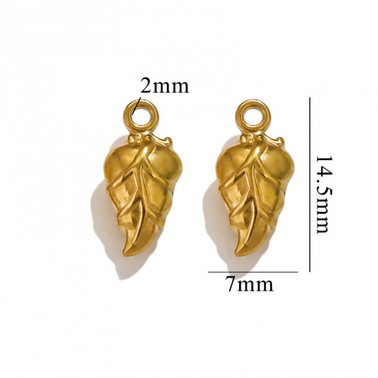 Picture of 2 PCs Vacuum Plating 304 Stainless Steel 3D Charms 18K Gold Plated Leaf 15mm x 7mm