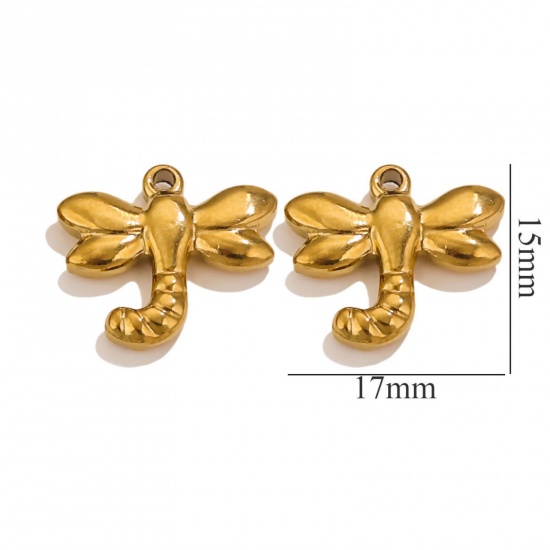 Picture of 2 PCs Vacuum Plating 304 Stainless Steel Insect Charms 18K Gold Plated Dragonfly Animal 17mm x 15mm